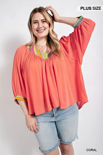 V-Neck Flowy Dolman Sleeve Top with Stripe Accents