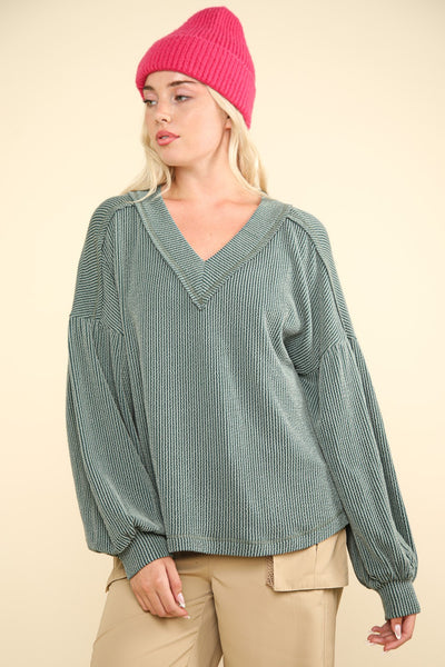 Oversized Ribbed V-Neck Top - Moss