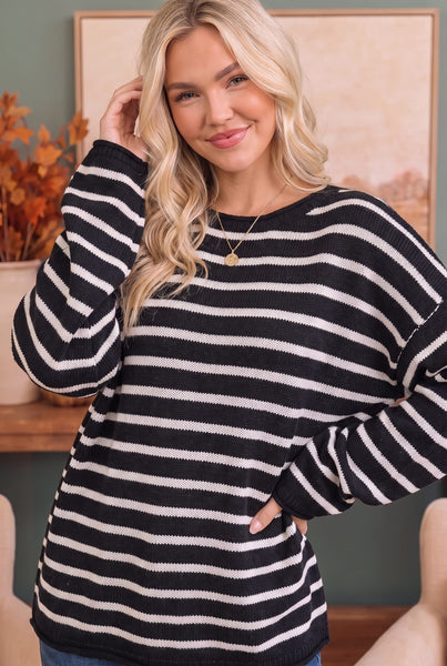 Everyday Me Stripe Knit Pullover in Black