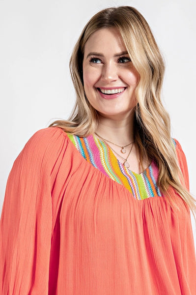 V-Neck Flowy Dolman Sleeve Top with Stripe Accents