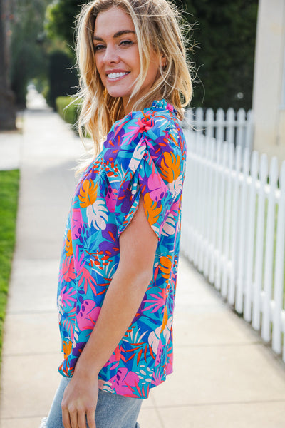 All For You Aqua Tropical Print Frill Notch Neck Puff Sleeve Top