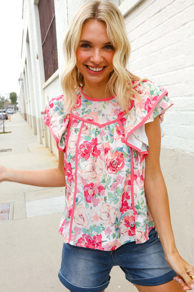 Southern Nights Pink Contrast Binding Floral Flutter Sleeve Top