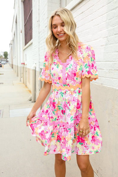 Beautiful You Rose Floral Print Ric Rack Trim Babydoll Dress