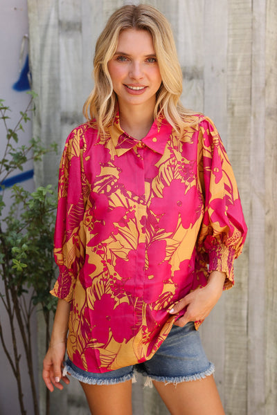 Elegant In Fuchsia Satin Button-Down Smock Long Sleeve Blouse