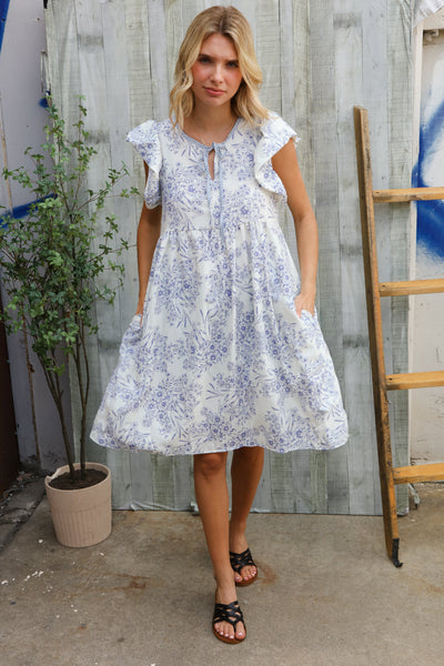 Vintage Vibes Dusty Blue Folded Ruffle Short Sleeve Babydoll Dress