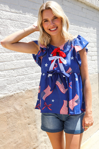 American Flag Blue & Red Stars & Bow Print Woven Top