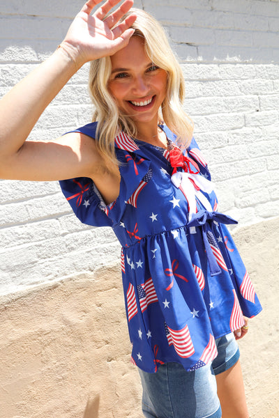 American Flag Blue & Red Stars & Bow Print Woven Top