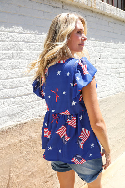 American Flag Blue & Red Stars & Bow Print Woven Top