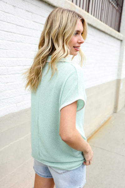 Weekend Ready Sage Collar Notch Neck Waffle Knit Top