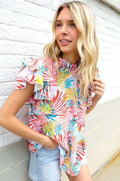 Eyes On You Ivory Abstract Print Frill Neck Double Flutter Sleeve Top