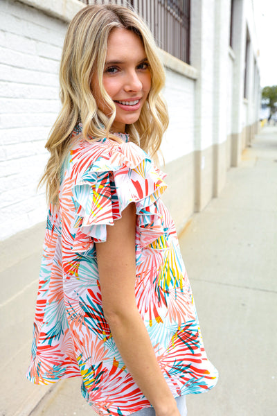 Eyes On You Ivory Abstract Print Frill Neck Double Flutter Sleeve Top