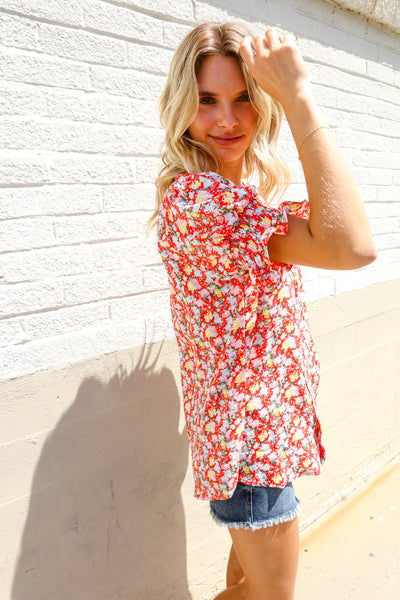 Elegant You Ruby Notched Neck Floral Smocked Sleeve Blouse