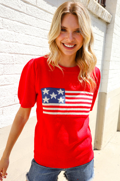 American Flag Bubble Short Sleeve Jacquard Sweater Knit Pullover