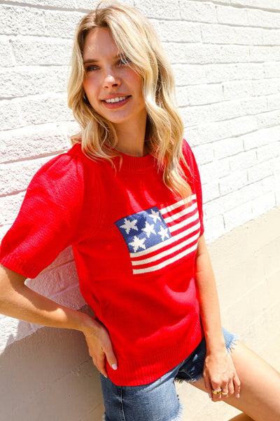 American Flag Bubble Short Sleeve Jacquard Sweater Knit Pullover