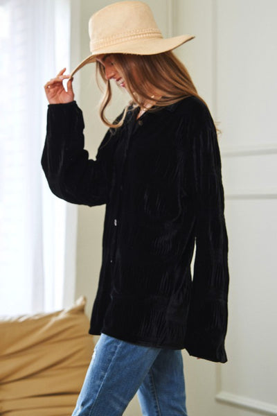 Long Sleeve Button Front Velvet Texture Top