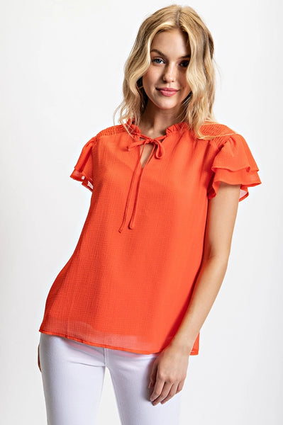 Flutter Sleeve Lined Blouse with Tie Neck Detail