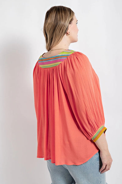 V-Neck Flowy Dolman Sleeve Top with Stripe Accents