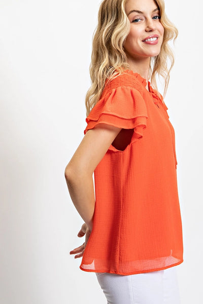 Flutter Sleeve Lined Blouse with Tie Neck Detail