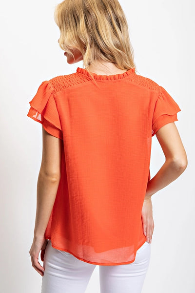 Flutter Sleeve Lined Blouse with Tie Neck Detail