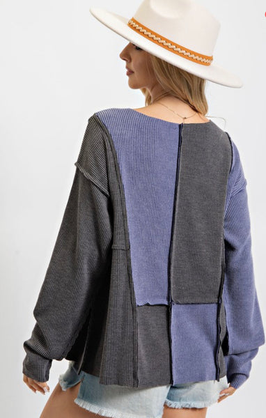 Color Block Ribbed Knit Top - Blue/Grey