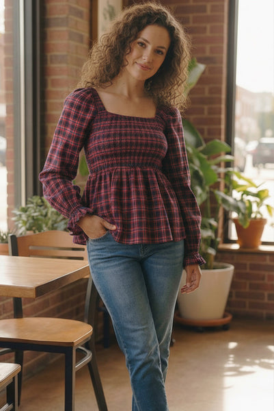 Sweetheart Smocked Cranberry Plaid Top