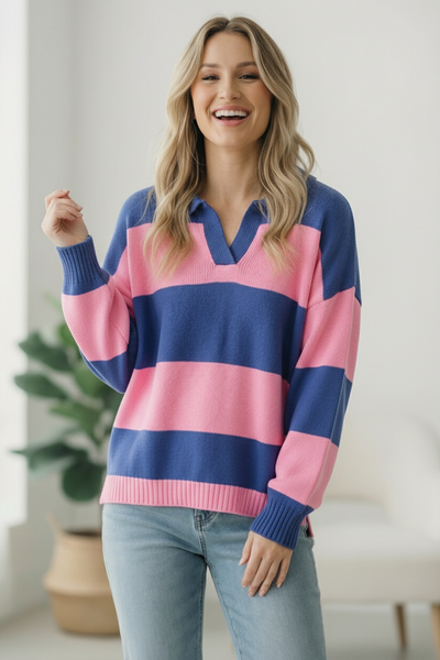 I'll Be On The Sidelines Blue and Pink Sweater
