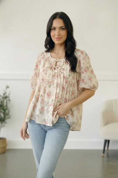 With a Rosy Glow Cream Pleated Top