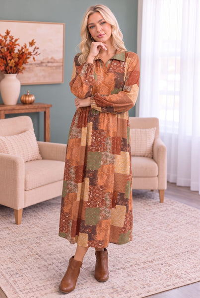Patchwork Dreams Long Sleeve Midi Dress