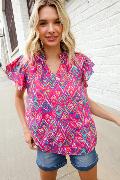 You Got This Fuchsia Abstract Print Notch Frill Neck Blouse