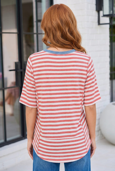 Retro Stripe Oversized Tee with Contrast Ribbed Neck