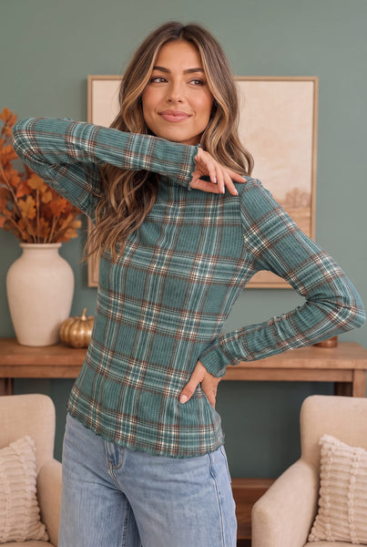 Plaid About You Mock Neck in Hunter Green