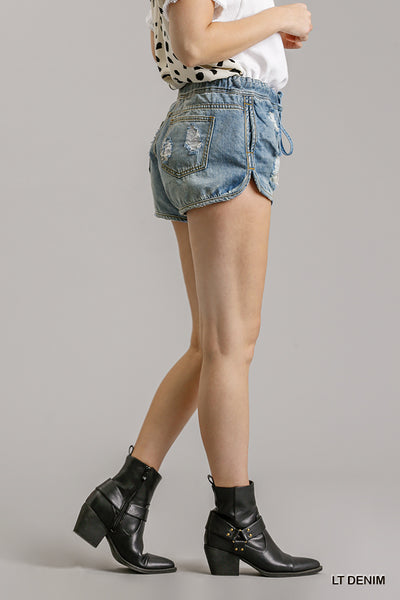 Distressed Elastic Waist Denim Shorts