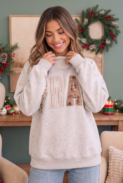 Patchwork Prayers Graphic Sweatshirt in Oatmeal
