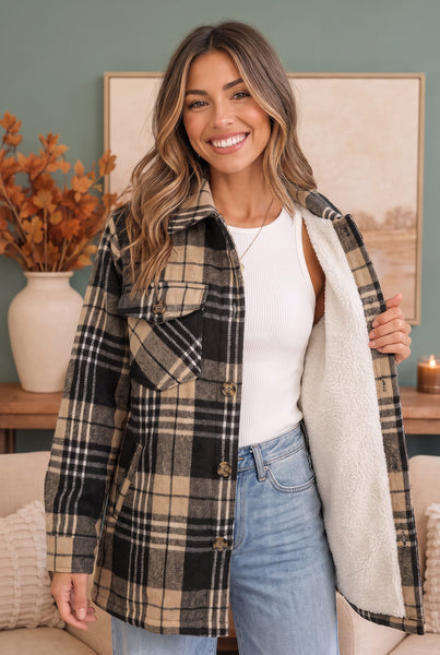 Cozy Plaid Sherpa Lined Shacket in Khaki Black