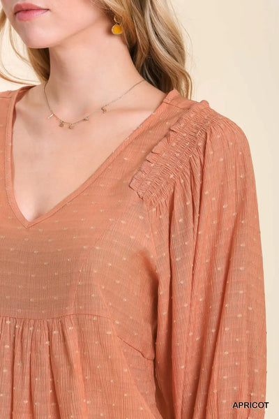 Umgee Dot Embroidered V-Neck Top