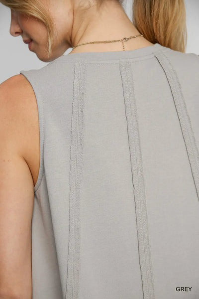 Umgee Crewneck Sleeveless French Terry Dress with Vertical Reverse Fray Details