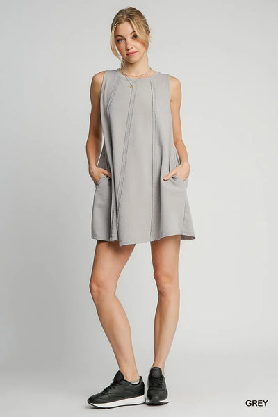 Umgee Crewneck Sleeveless French Terry Dress with Vertical Reverse Fray Details