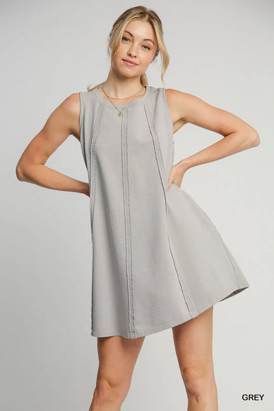 Umgee Crewneck Sleeveless French Terry Dress with Vertical Reverse Fray Details