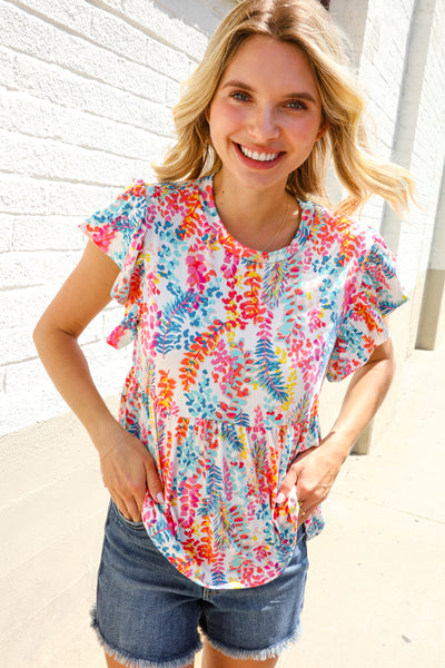 Perfect Find Ivory Floral Leaf Print Short Sleeve Babydoll Top