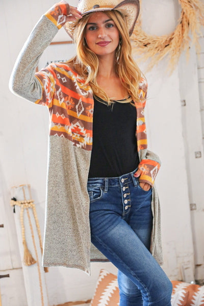 Aztec & Grey Hacci Color Block Pocketed Cardigan
