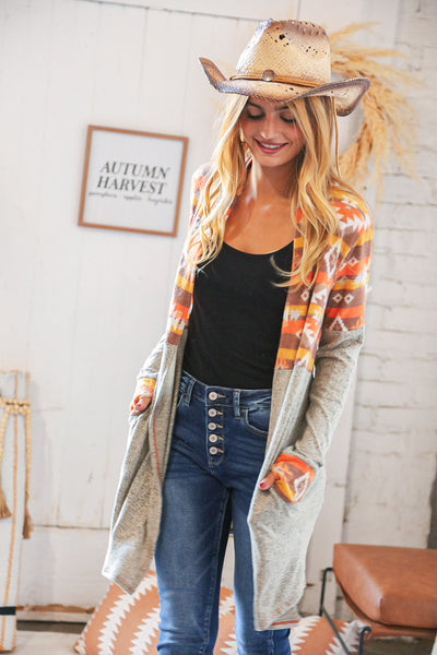 Aztec & Grey Hacci Color Block Pocketed Cardigan