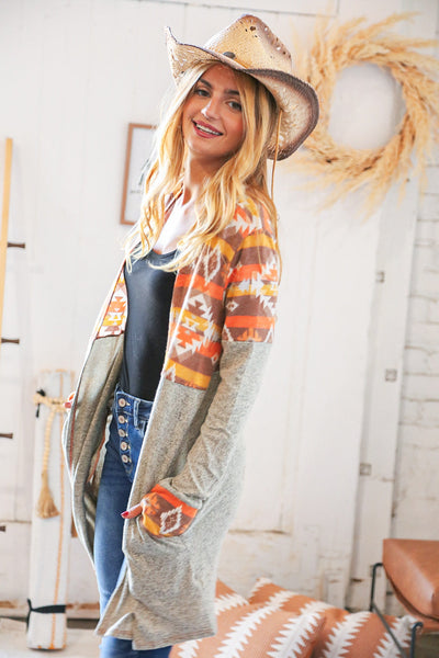 Aztec & Grey Hacci Color Block Pocketed Cardigan