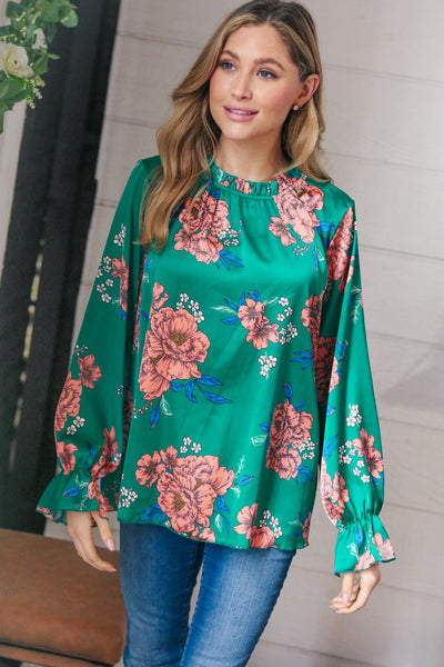 Emerald & Pink Floral Satin Ruffle Top