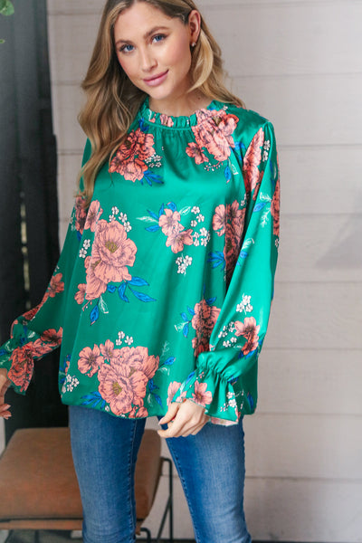 Emerald & Pink Floral Satin Ruffle Top