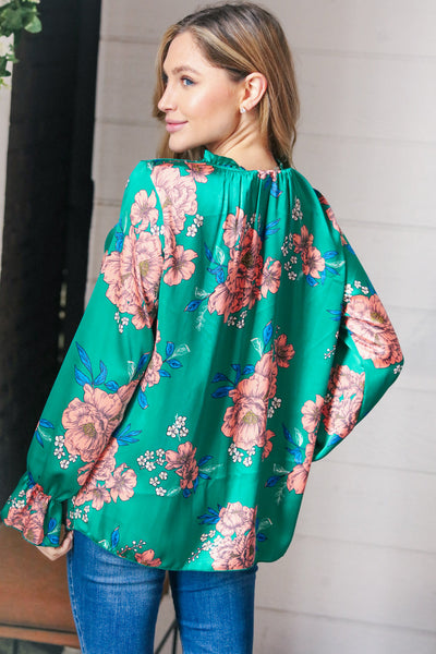 Emerald & Pink Floral Satin Ruffle Top