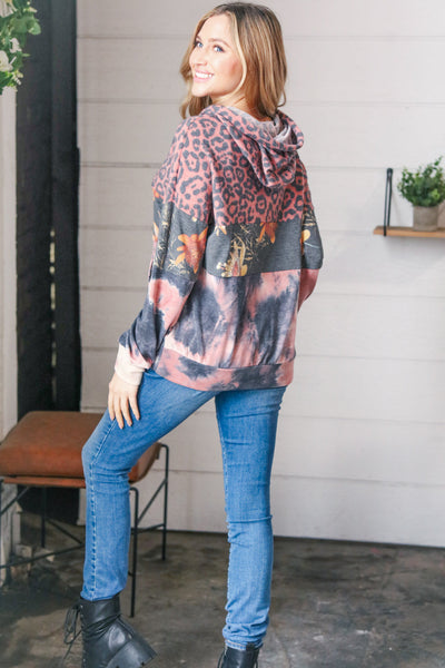 Rust Animal Print Floral Colorblock Hoodie