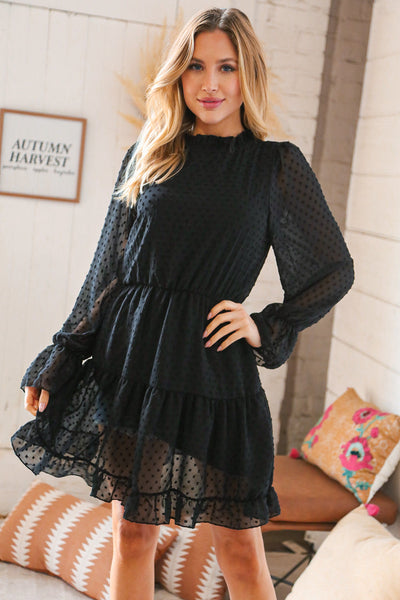 Black Swiss Dot Ruffle Hem Chiffon Dress