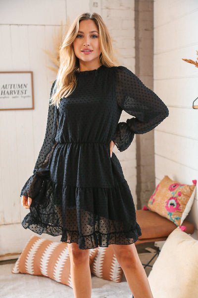 Black Swiss Dot Ruffle Hem Chiffon Dress