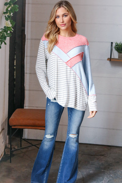 Blue & Coral Chevron Knit Stripe Top