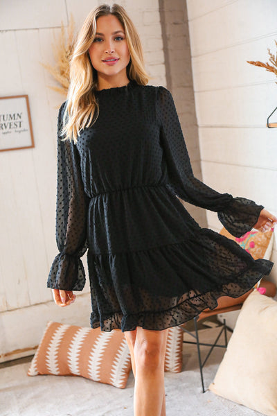 Black Swiss Dot Ruffle Hem Chiffon Dress